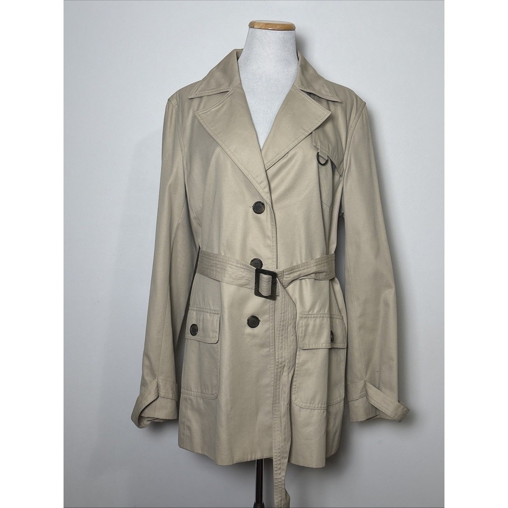 Casual Corner Womens Trench Coat Large Classic Tan Cotton Minimalist Mid Length